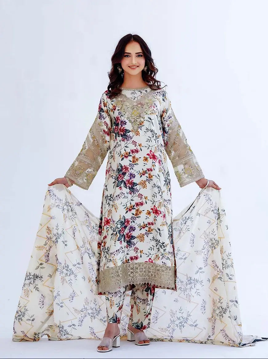 Soft Charmeuse 3-Piece Printed Suit (Ready to Wear) - S08